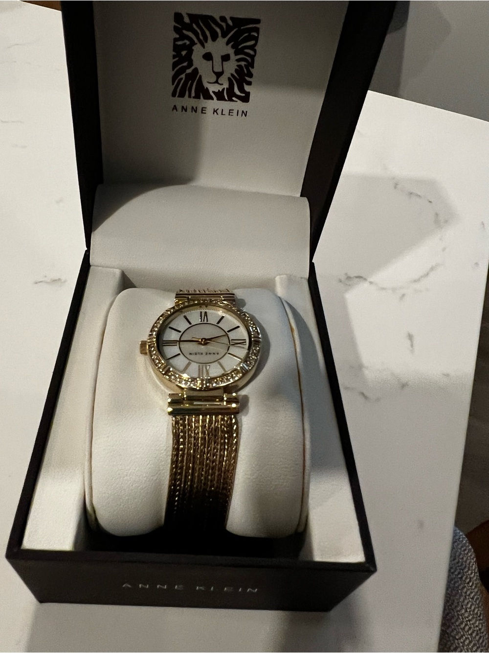 Anne Klein Gold Tone Crystal-Accented Mesh Bracelet Watch